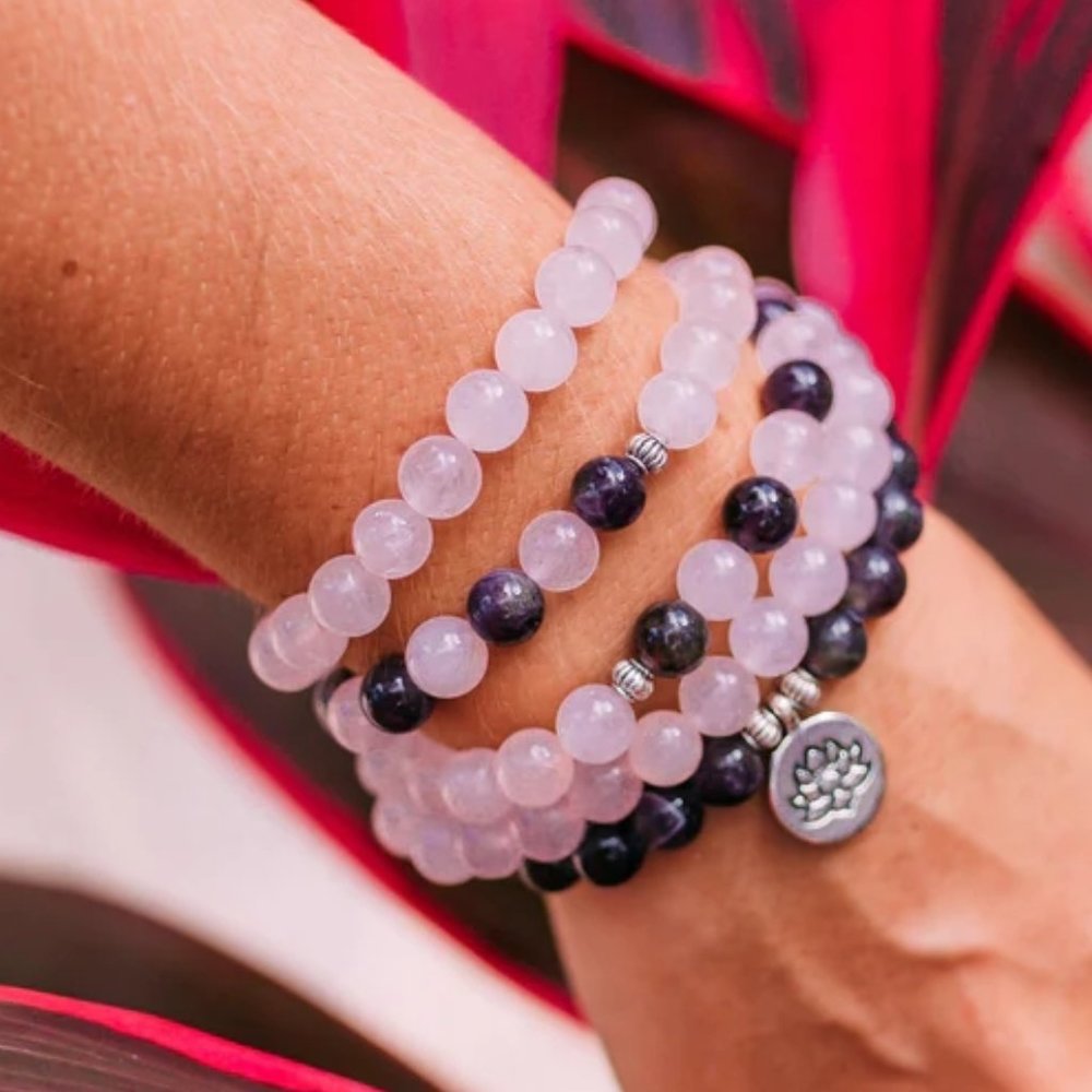 108 Mala Bead Amethyst Rose Quartz Healing Talisman Women Bracelet Necklace Gift